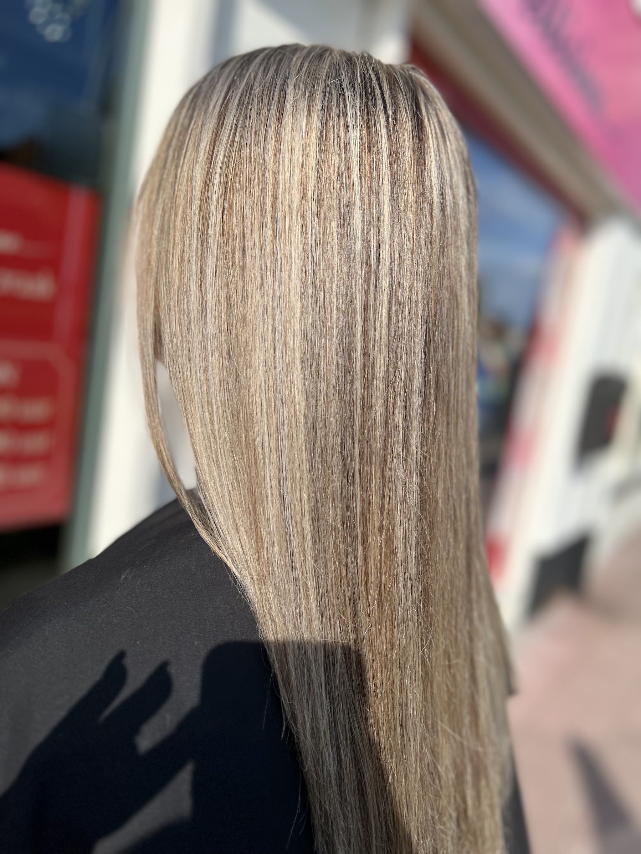 Lang steil haar met blonde highlights, van achteren gefotografeerd